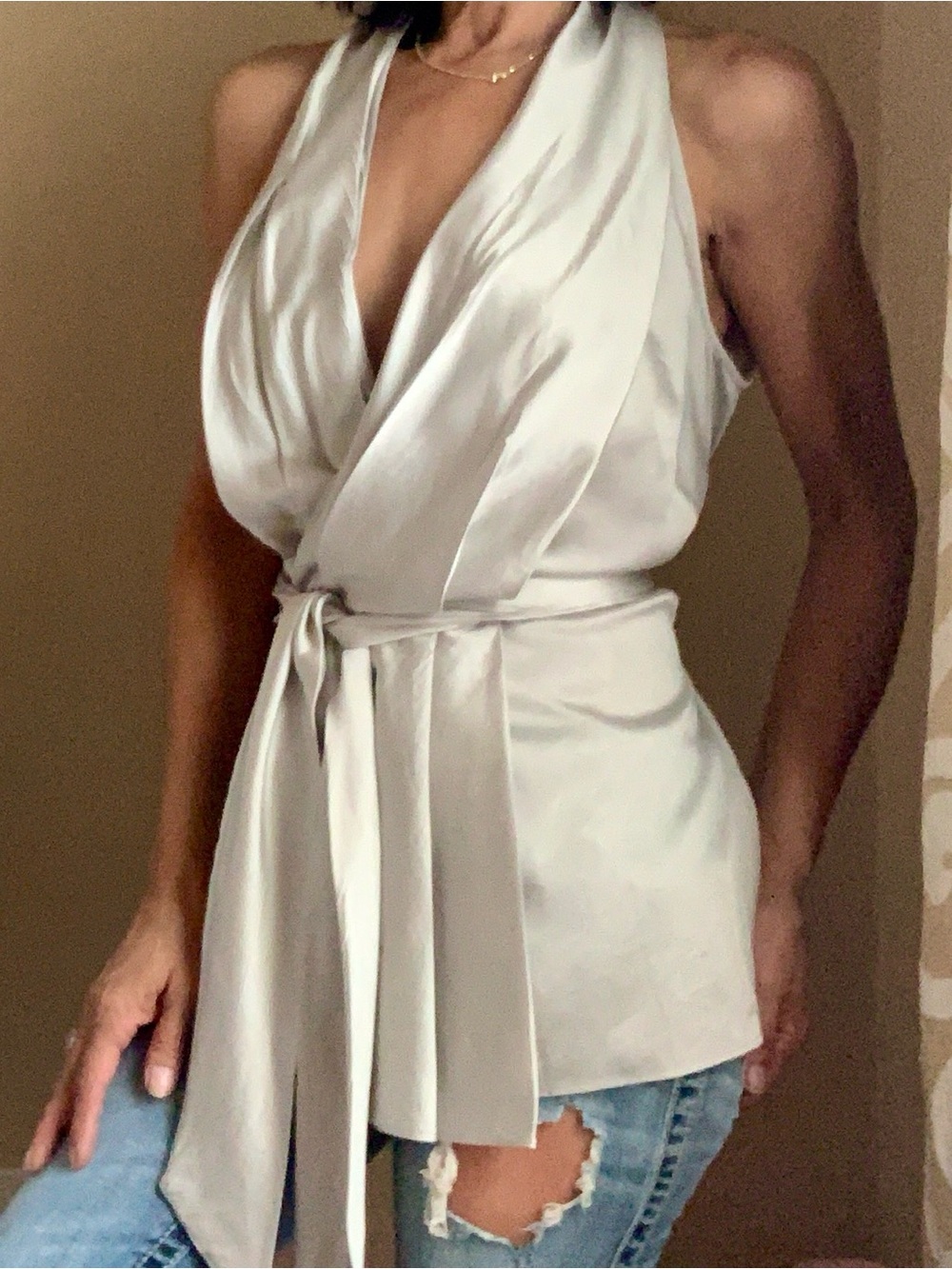 Ann Taylor Silver Satin Halter Wrap Top